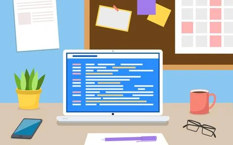 Digital java code text. Computer software, coding vector concept. The laptop on Stock Illustration