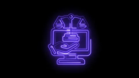 Digital justice scales balanced on computer screen with hand offering coins neon Stock Footage 333966266