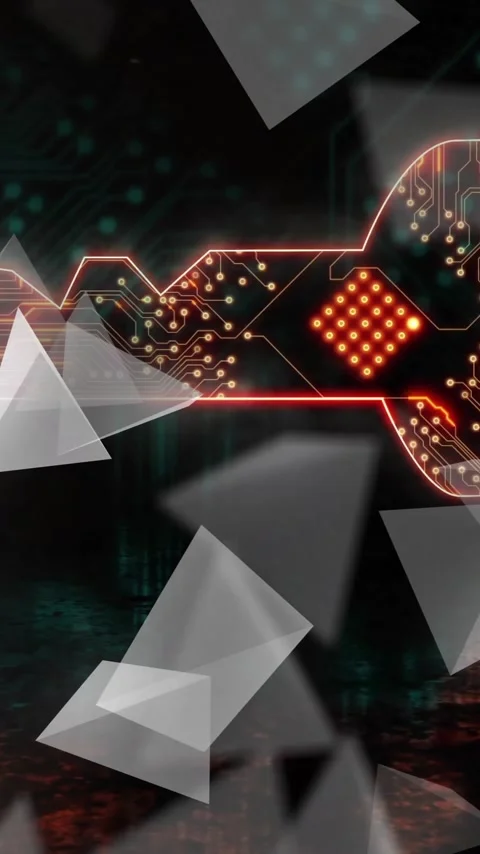Digital key with circuit board design and floating triangles animation Stock Footage 343159173