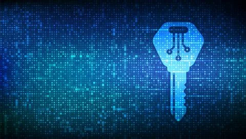 Digital key. Electronic key icon made with binary code. Cyber security and ac Stock Illustration