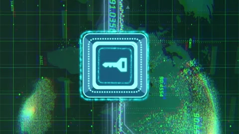 Digital key icon and data encryption animation over world map and globe Stock Footage 312966513