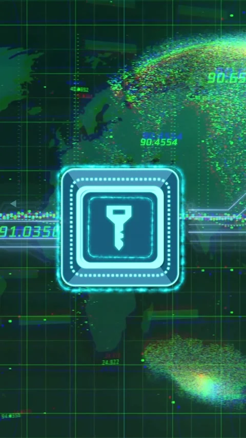 Digital key icon and data encryption animation over world map and globe Stock Footage 320093905