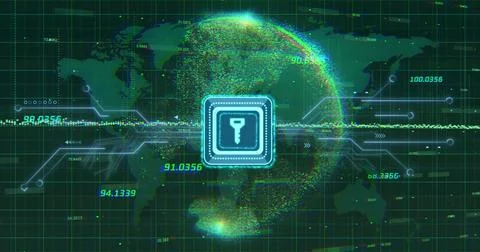 Digital key icon and data encryption image over world map and globe Stock Illustration