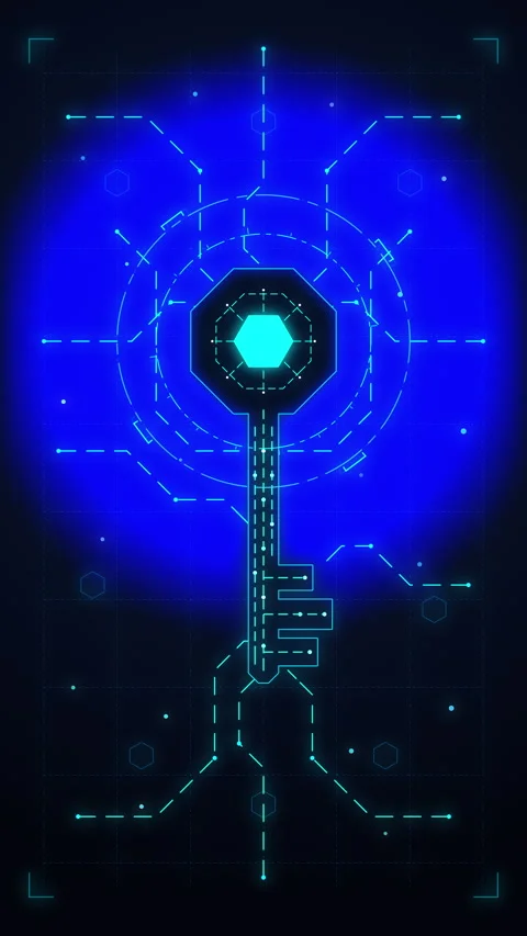 Digital key icon glowing in blue circuit network for security, data privacy.. Stock Footage 348330636