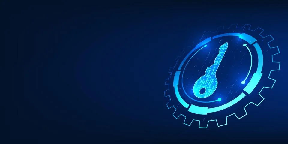 Digital key inside a gear, symbolizing cybersecurity, automated system prot.. Иллюстрация