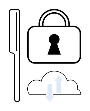 Digital key with a padlock and cloud with arrows indicating data transfer. Id Stock Illustration
