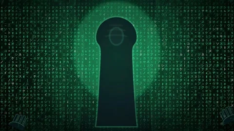 Digital Keyhole Silhouette Over Green Matrix Code Background Representing Cyber Stock-Footage 341834534