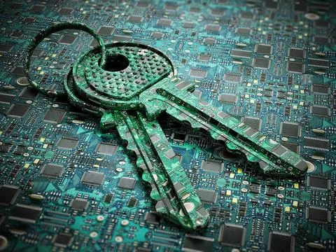 Digital keys standing on PCB texture. 3D illustration Illustrazione stock