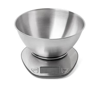 Digital kitchen scale with empty stainless steel bowl on white background Foto stock