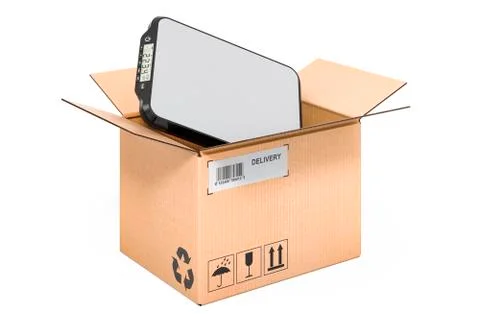 Digital kitchen scales inside cardboard box, delivery concept. 3D rendering Stock Illustration