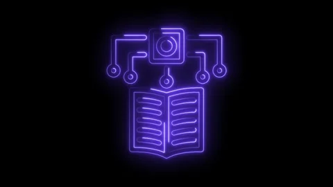Digital knowledge transfer open book and connected node neon style on black Stock Footage 330782693