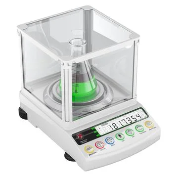Digital lab scale, analytical balance with chemical flask. 3D rendering Stock Illustration