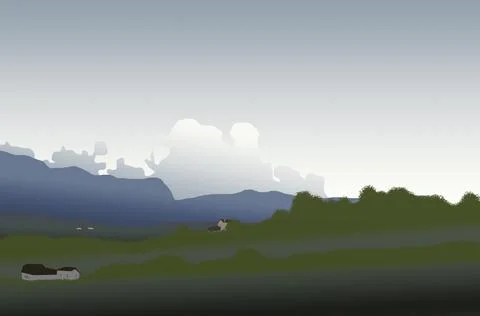 Digital landscape with cloudy sky over distant mountains and small houses Stock Illustration