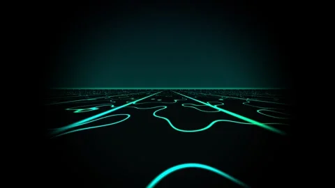 Digital landscape with glowing lines in dark space Stock Footage 338277417