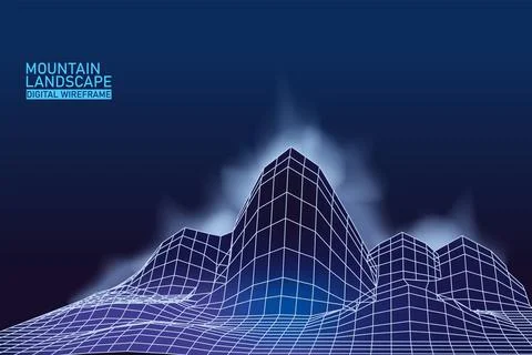 Digital landscape mountaine abstract wireframe. 3D wireframe grid mesh Stock Illustration