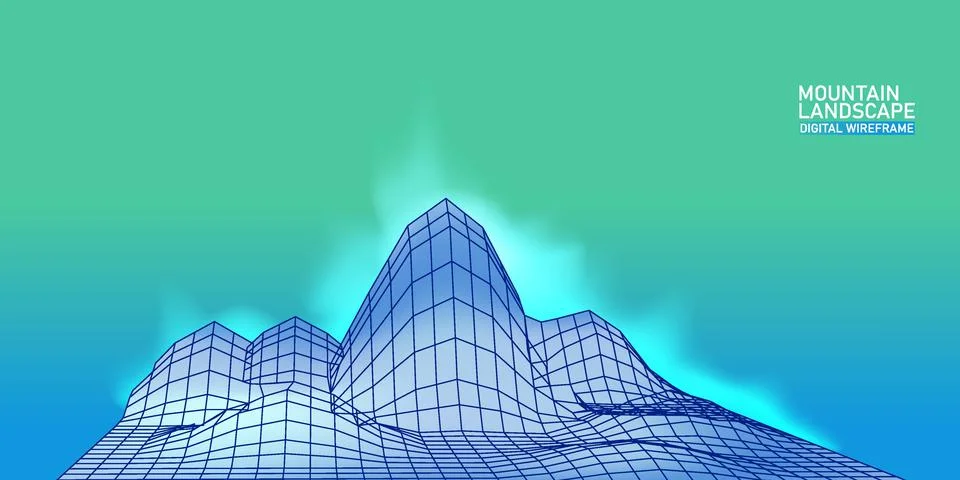 Digital landscape mountaine abstract wireframe. 3D wireframe grid mesh Stock Illustration