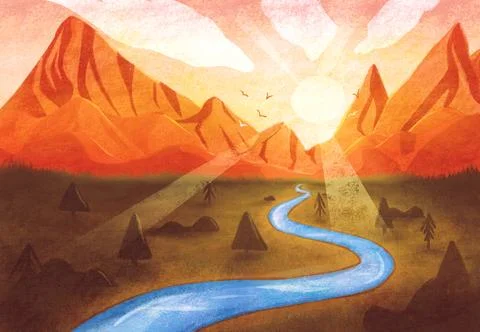 Digital landscape panorama illustration. Range of mountains sunset or sunrise. Stock Illustration