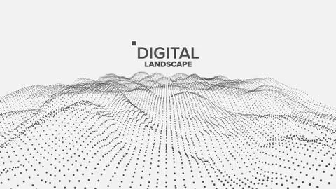Digital Landscape Vector. Data Technology. Wave Mountain. Tech Surface. Dot Land Illustrazione stock