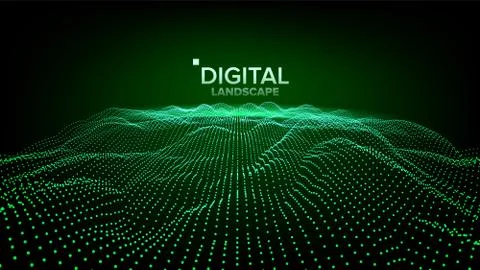 Digital Landscape Vector. Data Technology. Wave Mountain. Tech Surface. Dot Land Stock Illustration