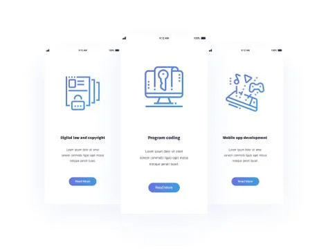 Digital law and copyright, Program coding, Mobile app development Vertical Cards Stock Illustration