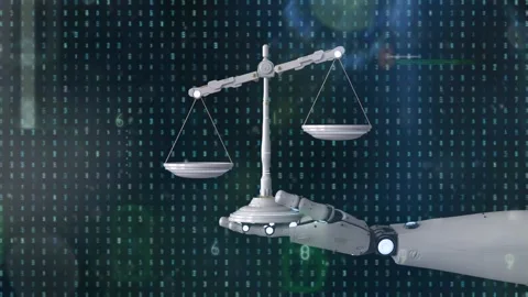 Digital law concept with ai robot hold law scale Stock Footage 308358921