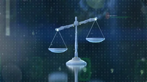 Digital law concept with law scale with graphic display Stock Footage 308358918
