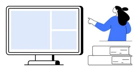 Digital Learning and Education Concept with Computer Screen and Person Pointi Illustrazione stock