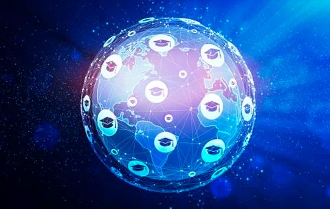 Digital Learning And Education. World Globe Hologram With Graduation Cap Icons Stock Illustration