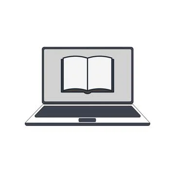 Digital learning and knowledge with an open book on a laptop. Illustrazione stock