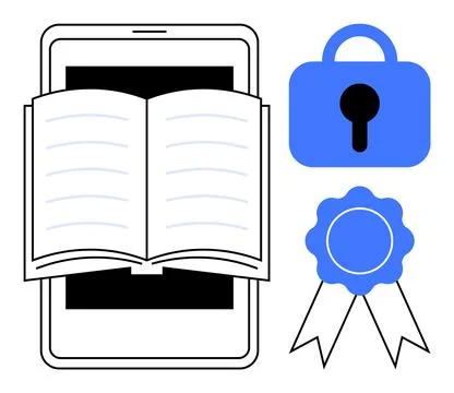 Digital Learning and Online Security Emblems Showing Electronic Book, Lock,.. Stock Illustration
