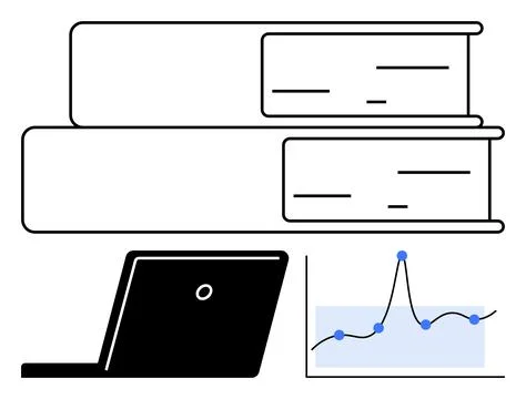 Digital Learning and Research Books, Laptop, and Data Analysis Chart Symbol.. Stock Illustration