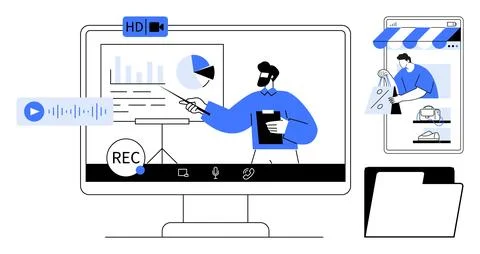 Digital learning, business presentation, remote work, online shopping, digita 스톡 일러스트