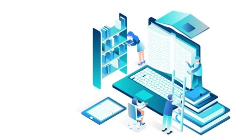 Digital Learning Concept with Books and People in Futuristic Technology Setti Stock Footage 341920065