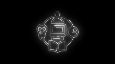 Digital learning concept with glowing neon icons representing computer education Stock Footage 333956094