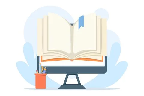 Digital learning concept with an open book and computer monitor 스톡 일러스트