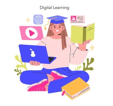 Digital Learning concept A student in graduation cap multitasks with a laptop Stock Illustration