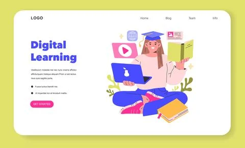 Digital Learning concept A student in graduation cap multitasks with a laptop Stockillustratie