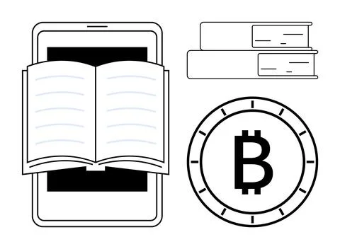 Digital Learning Concept with Tablet, Open Book, Books, and Bitcoin Symbol Stock Illustration