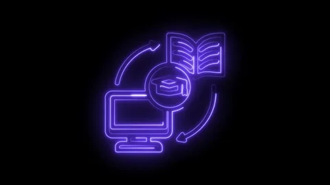 Digital learning icon glowing neon purple on black background representing Stock Footage 333956127
