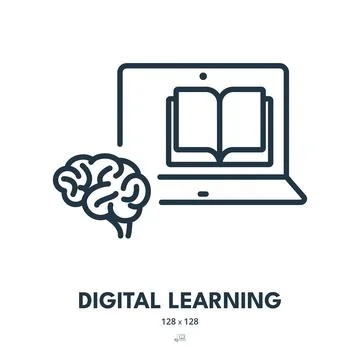 Digital Learning Icon. Technology, Knowledge, Reading. Editable Stroke Stock Illustration