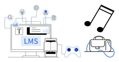 Digital Learning Management System with Gaming, Music, and Work Elements Hi.. Stock Illustration