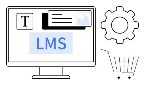 Digital Learning Management System Interface with Screen and Shopping Cart Stock Illustration