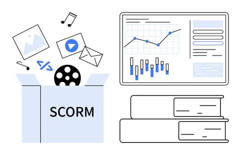 Digital learning materials emerging from SCORM box next to analytics dashbo.. Illustrazione stock