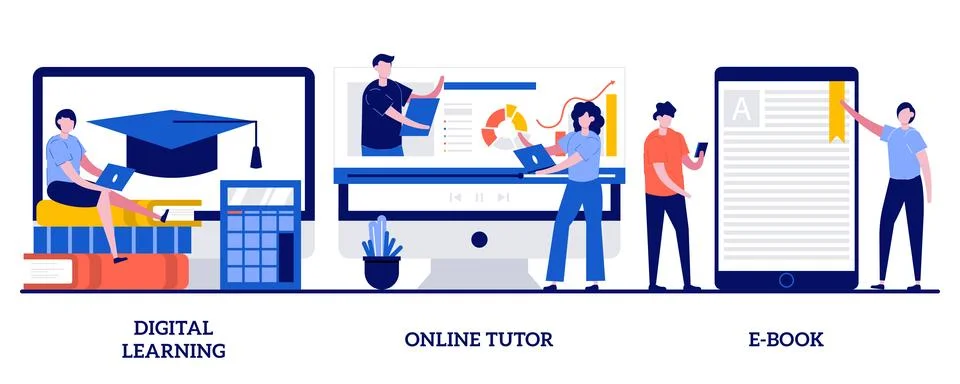 Digital learning, online tutor, E-Book concept with tiny people. Internet s.. Stock Illustration