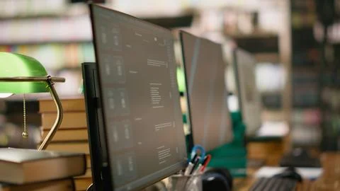 Digital learning screens on computer monitors placed on library study desk Stock Photos