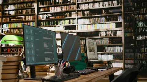 Digital learning screens on computer monitors placed on library study desk Stock Photos