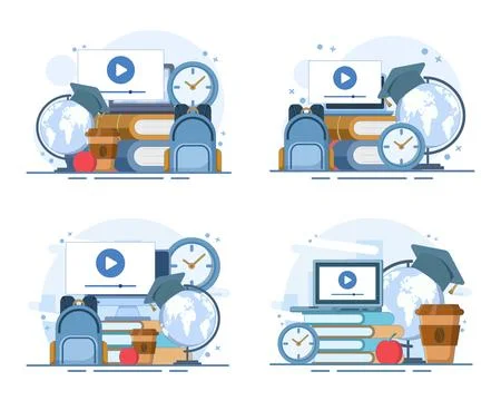 Digital learning set, computer with world map, academic cap and textbook. Stock Illustration