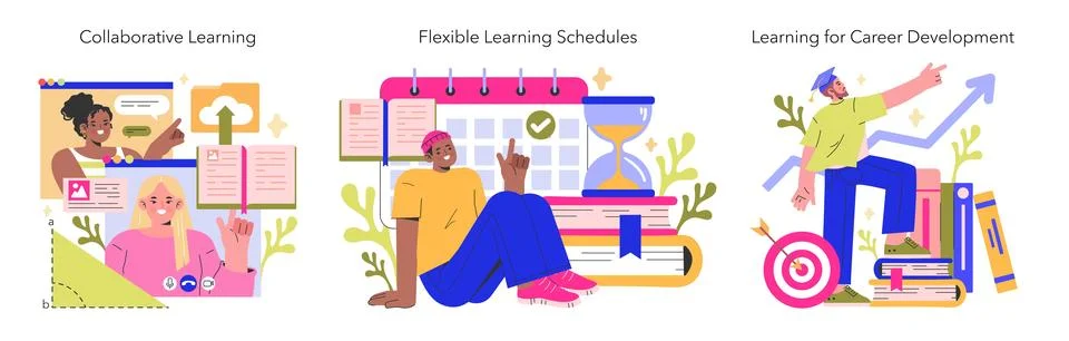 Digital Learning trio Showcasing group study, time management in e-learning, and Stock Illustration