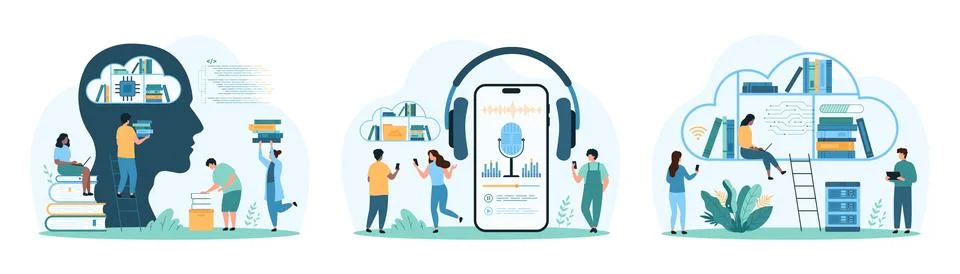 Digital library, AI and data file storage service set, tiny people using mobile Stock Illustration