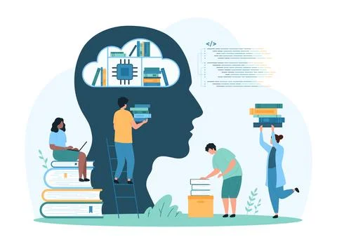 Digital library with AI, data file storage service, tiny people training with 스톡 일러스트
